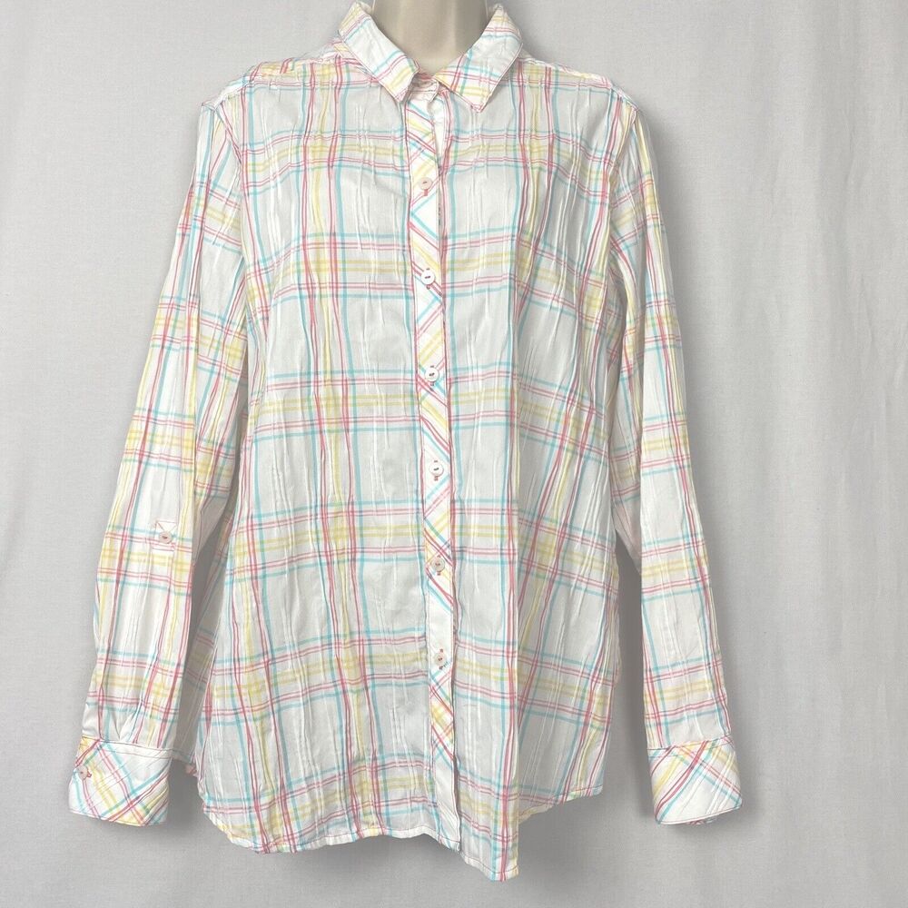 Foxcroft Shirt Womens 14 Relaxed Plaid White Pastel Colorful Crinkle Cotton Blnd